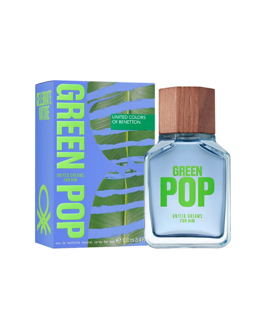 Fragancia Benetton Green Pop For Him de 100 ml con frasco azul, tapa de madera y caja con diseño de hojas.