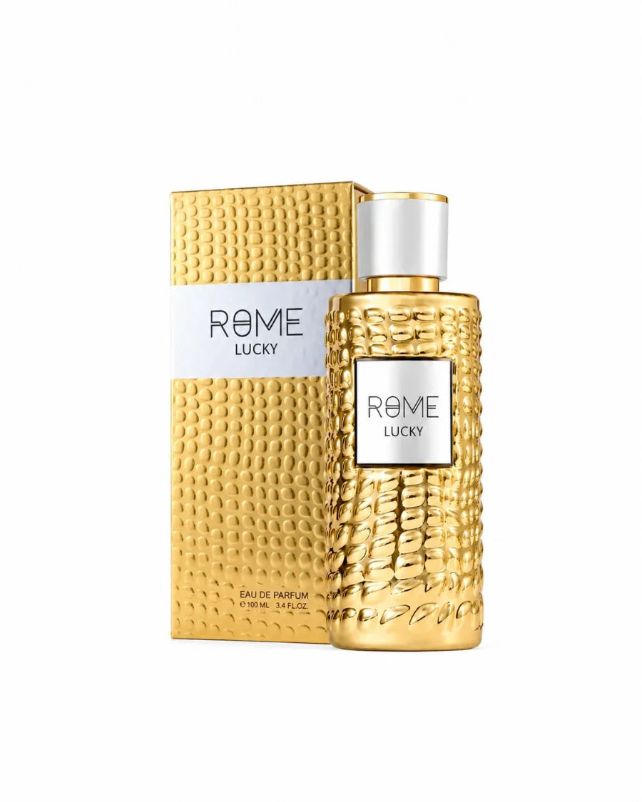 Perfume Bharara Rome Lucky de 100 ml en frasco dorado con textura y caja dorada a juego.