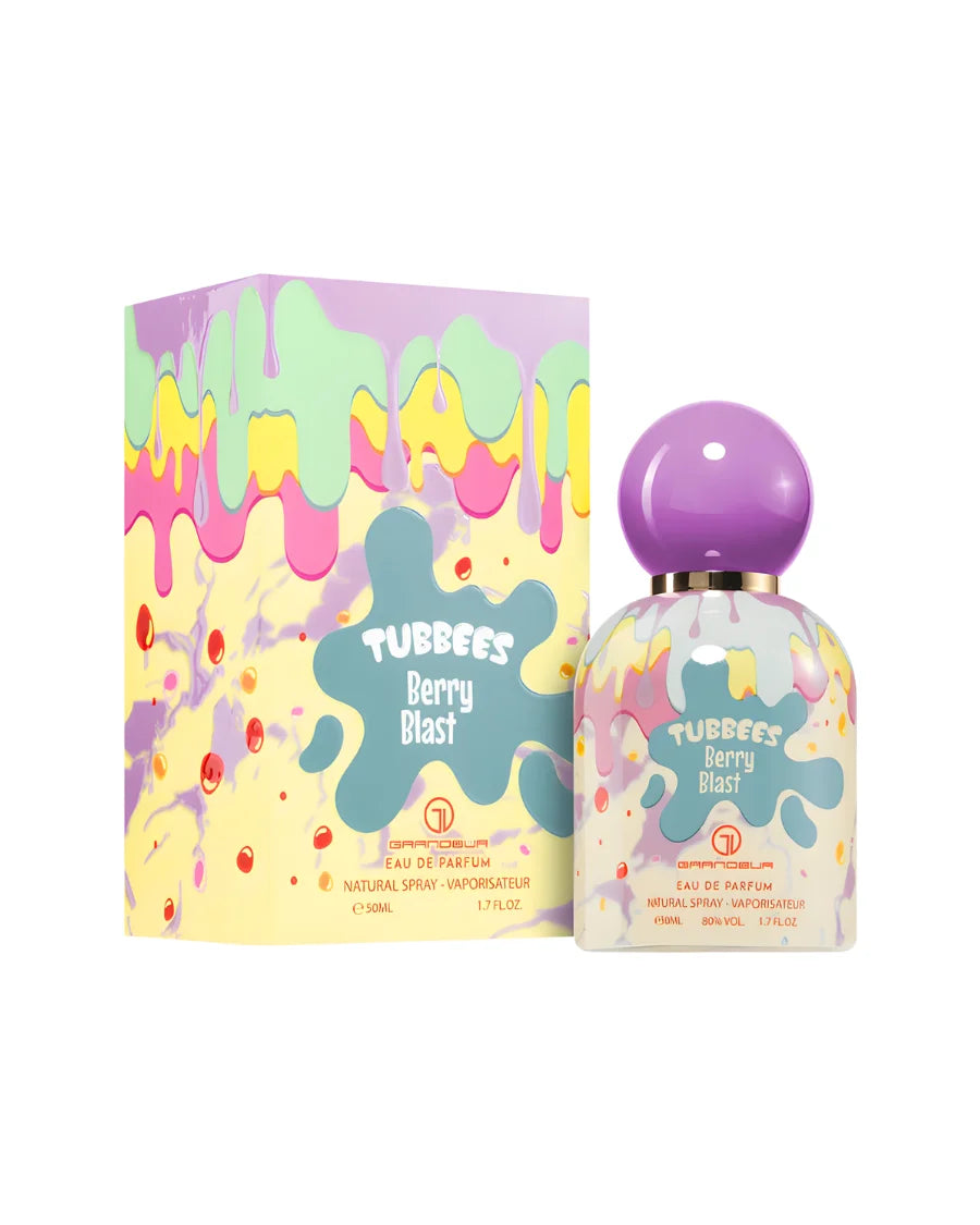 Perfume Grandeur Tubbees Berry Blast de 50ml con envase colorido y notas frutales tipo Eau de Parfum.