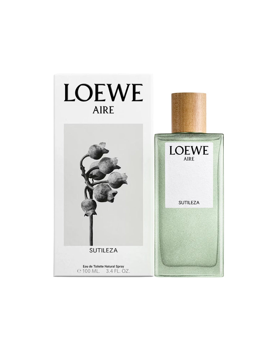 Perfume Loewe Aire Sutileza EDT de 100 ml para mujer en botella verde con tapón de madera junto a su caja.