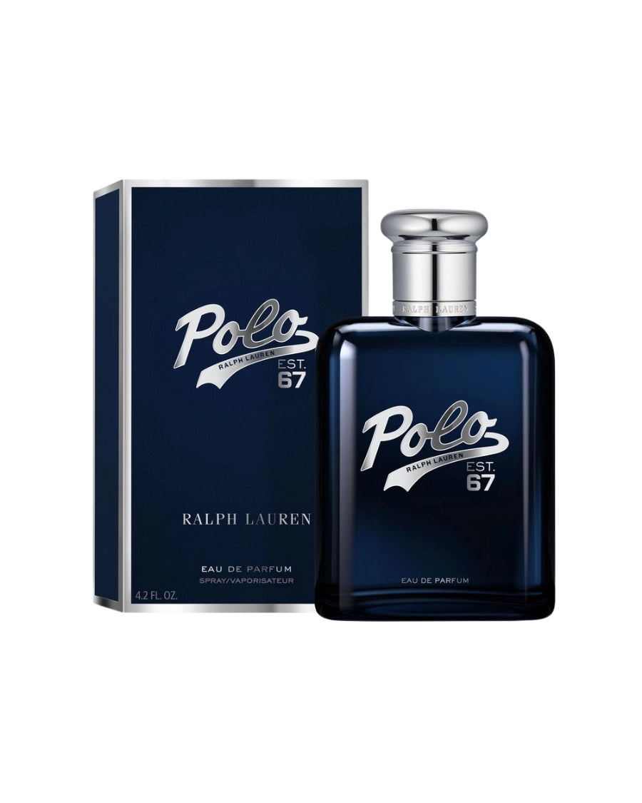 Perfume Polo Est 67 de Ralph Lauren EDP de 125 ml para hombre en botella azul marino con letras plata junto a caja.