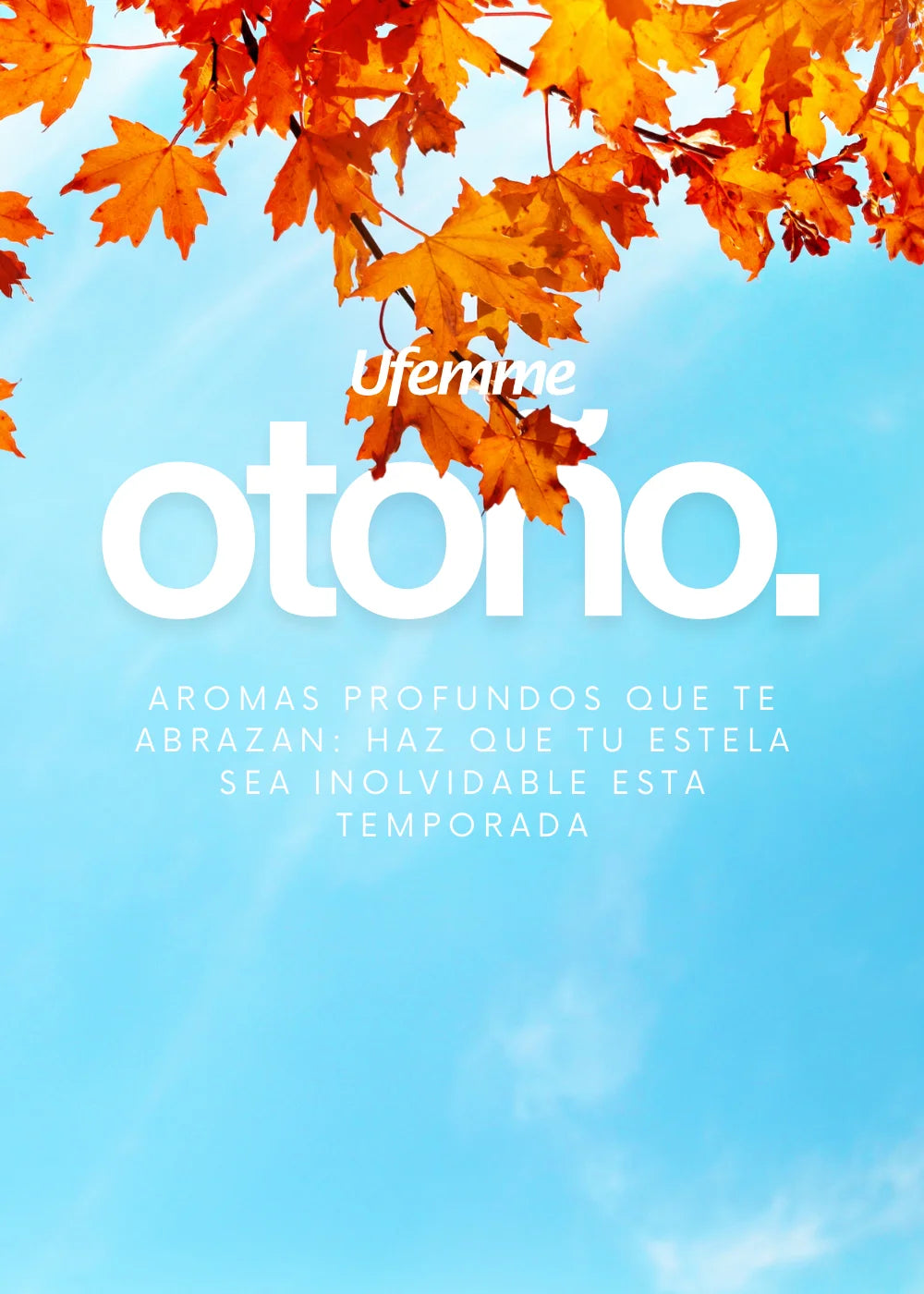 Banner móvil de Ufemme para perfumes de otoño en México con hojas otoñales sobre un cielo azul brillante.