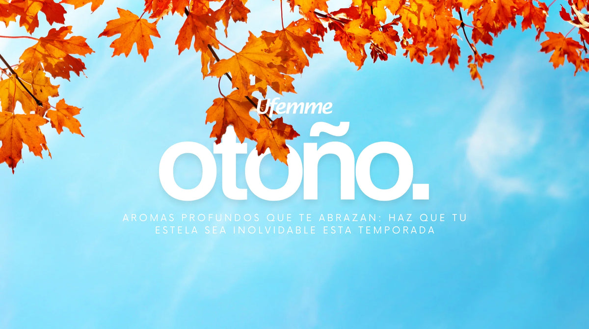 Banner de Ufemme sobre perfumes de otoño en México con hojas anaranjadas y cielo azul de fondo.