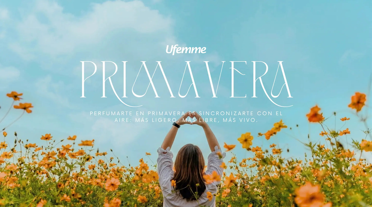 Mujer en campo de flores amarillas bajo cielo azul promocionando perfumes de primavera Ufemme en México.