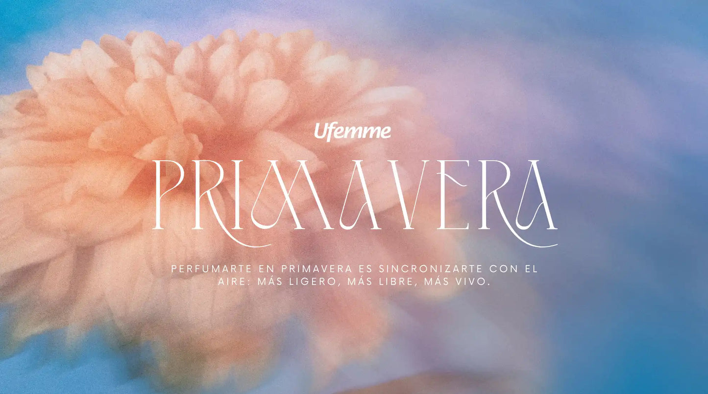 Banner de perfumes Ufemme México con flor primaveral en tonos durazno y azul para la temporada de primavera.