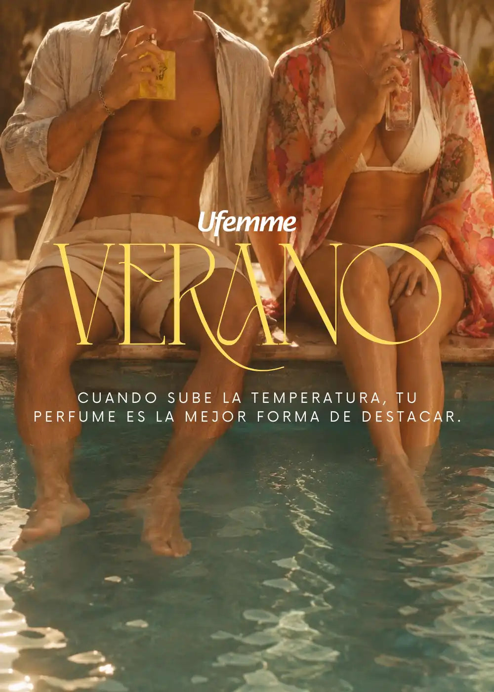 Pareja junto a la alberca aplicando fragancias frescas de la colección de perfumes de verano en México Ufemme.