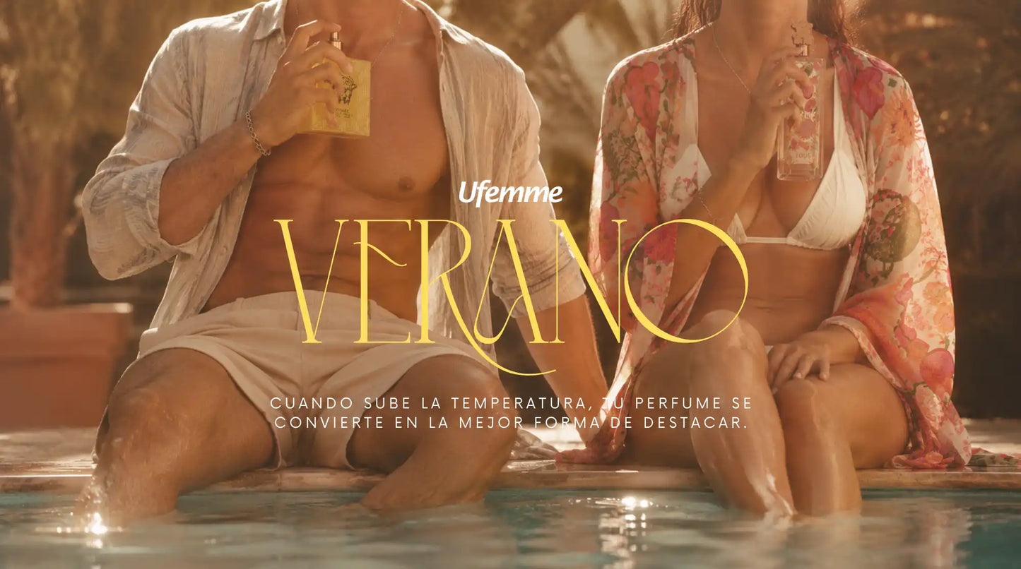 Pareja sentada en la orilla de una alberca usando fragancias de la colección de perfumes de verano en México de Ufemme.