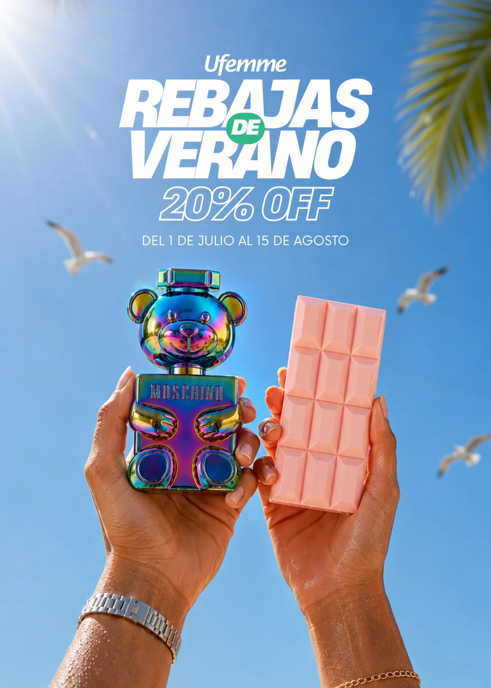 Promoción de rebajas de verano México en Ufemme con perfumes Moschino y Sabrina Carpenter en formato vertical.