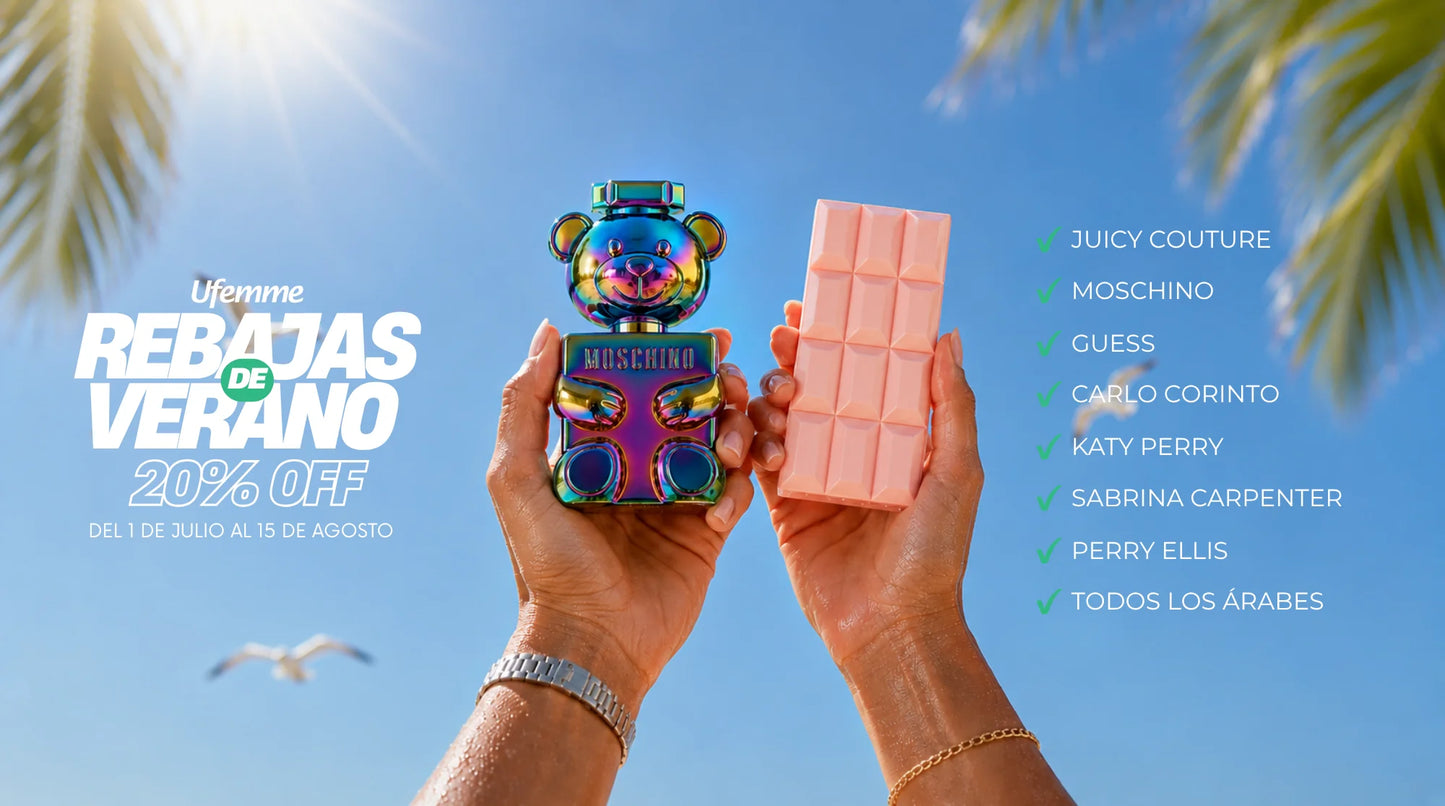 Manos sosteniendo perfumes Moschino y Sabrina Carpenter bajo el sol en la campaña de rebajas de verano México de Ufemme.
