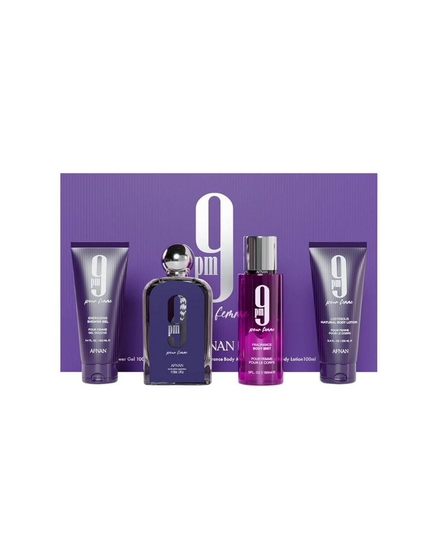 Set Afnan 9 AM Pour Femme con EDP 100 ml, body mist, loción corporal y gel de baño en estuche de lujo color púrpura.
