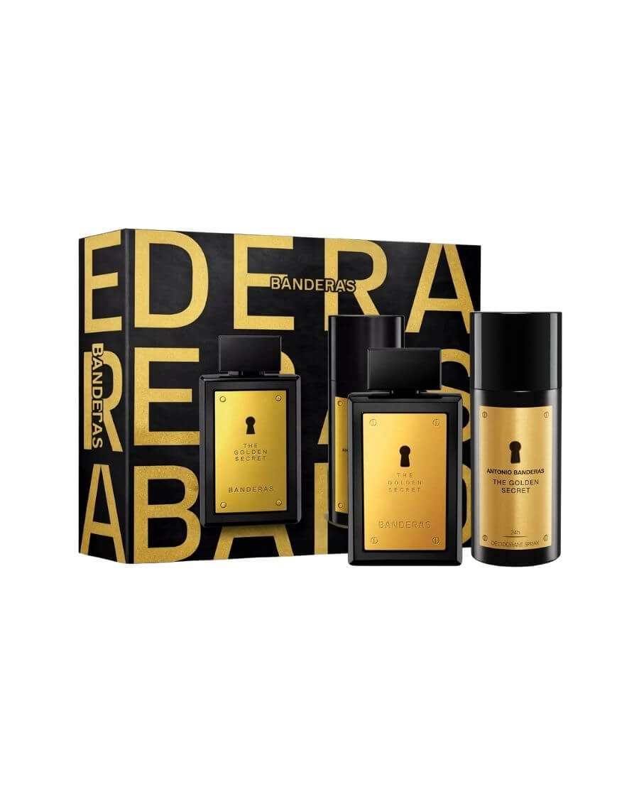 Set Antonio Banderas The Golden Secret con perfume 100 ml y desodorante 150 ml en estuche negro con detalles en dorado.