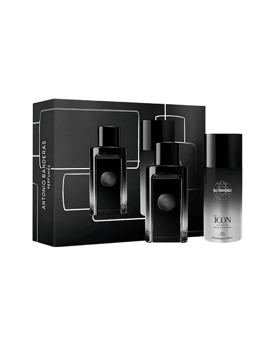 Set Antonio Banderas The Icon para hombre con EDP 100 ml y body spray 150 ml en estuche negro con líneas plateadas.