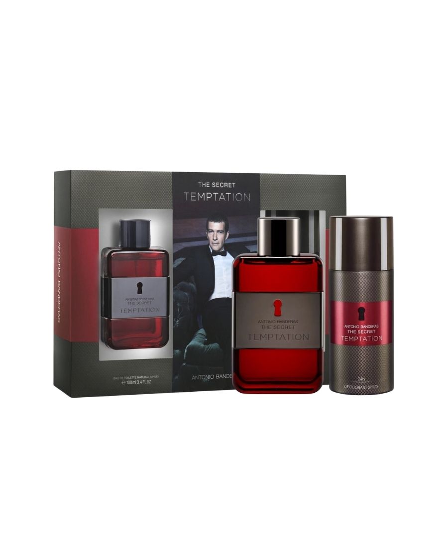 Set Antonio Banderas The Secret Temptation con perfume 100 ml y desodorante 150 ml en estuche negro con detalles rojo oscuro.