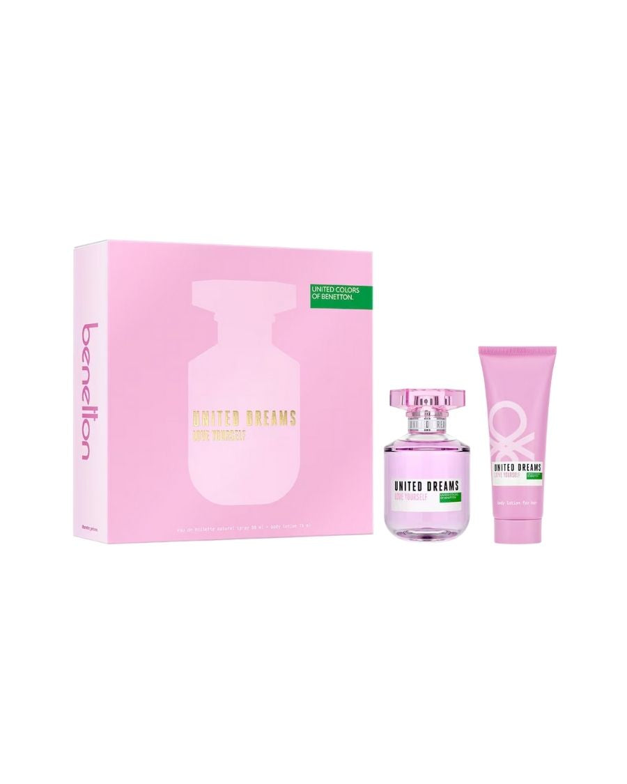 Set Benetton United Dreams Love Yourself con perfume 80 ml y loción corporal 75 ml en estuche rosa con diseño minimalista.