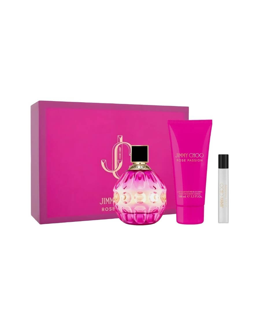 Set de regalo Jimmy Choo Rose Passion con EDP 100 ml, loción corporal 100 ml y miniatura 7.5 ml en caja fucsia con logo de la marca en dorado