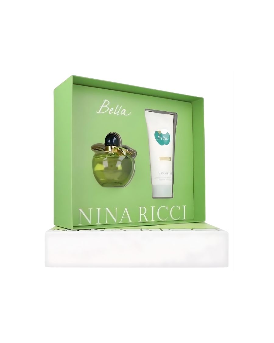 Set Nina Ricci Bella con perfume 80 ml y loción corporal 100 ml en frasco con forma de manzana verde en una caja verde manzana