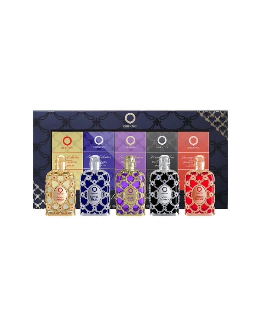 Set de descubrimiento Orientica con miniaturas de perfumes unisex en estuche de presentación elegante para regalo.