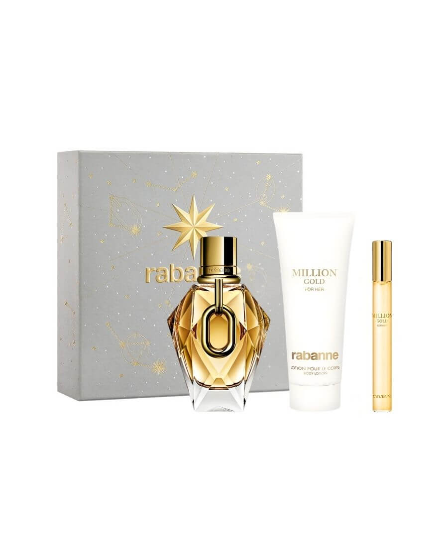 Set Paco Rabanne Million Gold for Her con EDP 90 ml, loción corporal y miniatura en estuche plateado de lujo para mujer.