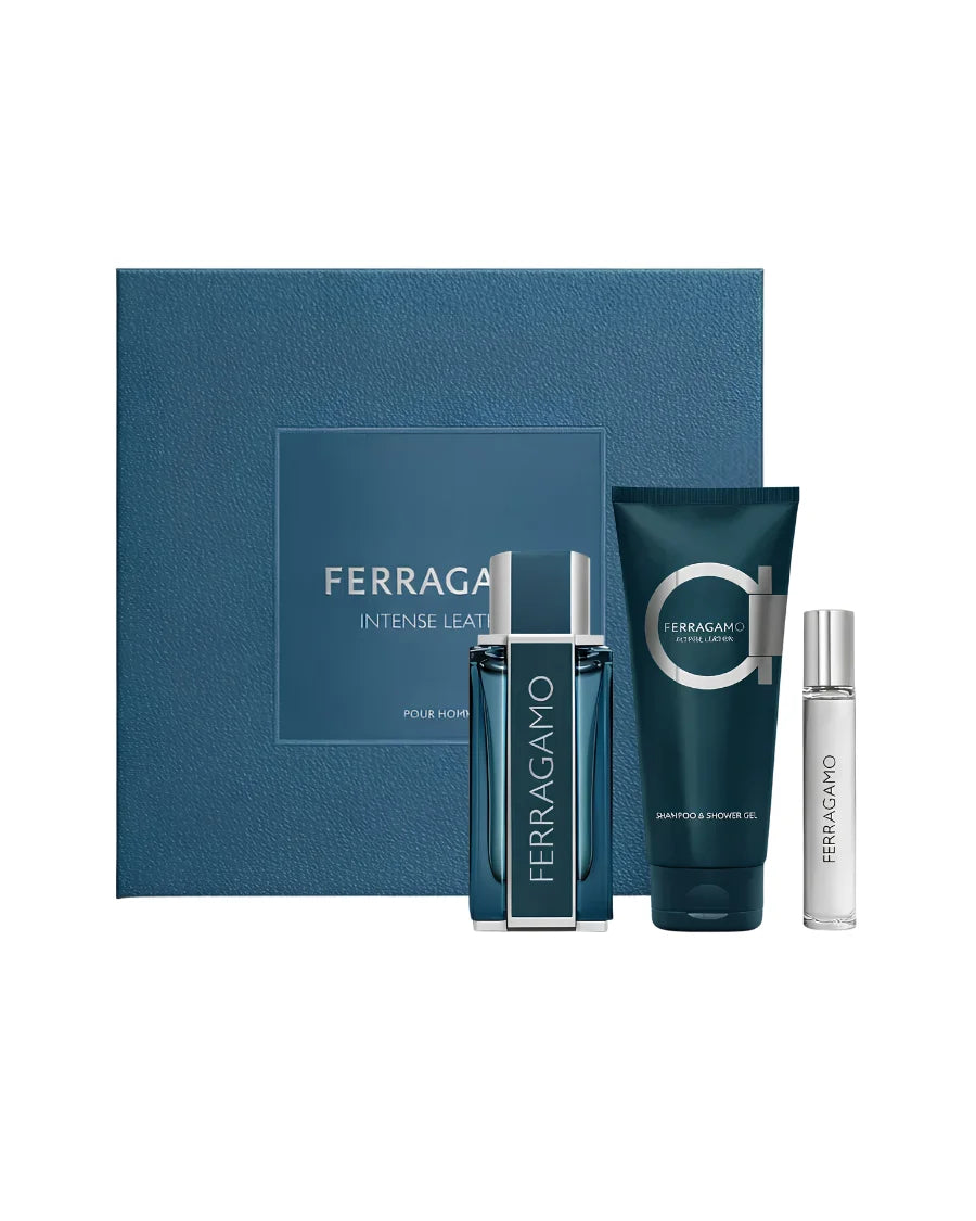 Set Salvatore Ferragamo Intense Leather con perfume de 100 ml, miniatura de 15 ml y gel de ducha en caja azul.