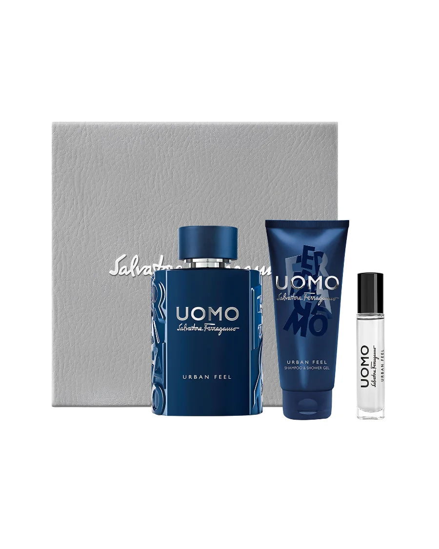 Set Salvatore Ferragamo Uomo Urban Feel con perfume de 100 ml, miniatura y gel de ducha.