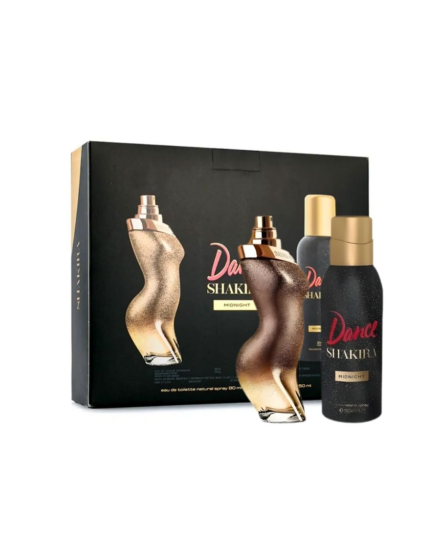 Set de regalo Shakira Dance Midnight con perfume 80 ml y desodorante 150 ml en frasco con forma de torso dorado y purpurina.
