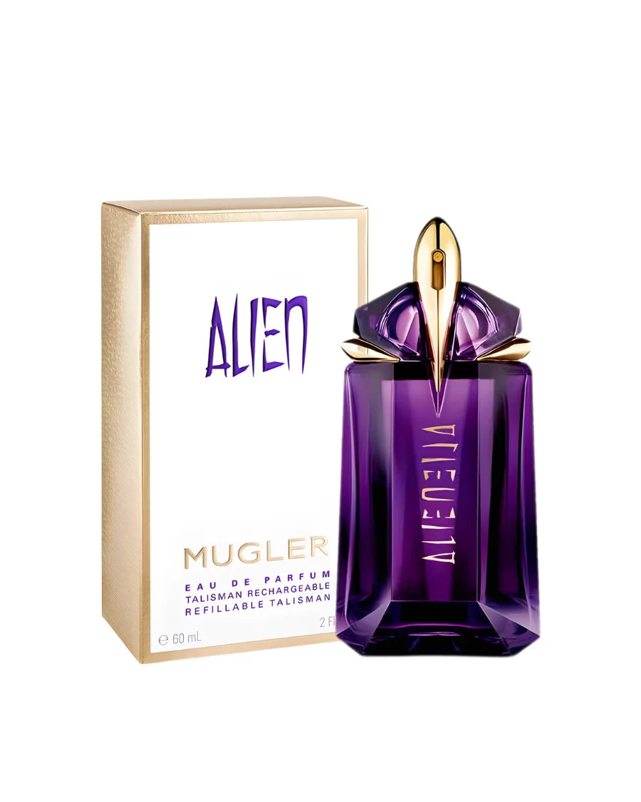 Perfume Thierry Mugler Alien 60 ml Eau de Parfum en su icónica botella amatista con detalles dorados, diseño de talismán sagrado.
