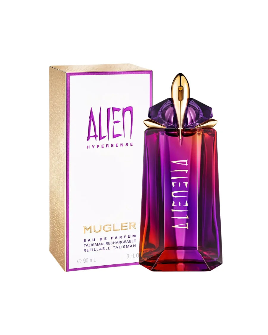 Perfume Mugler Alien Hypersense de 90 ml con frasco de cristal tallado en tonos púrpura y rojo con caja blanca y oro.