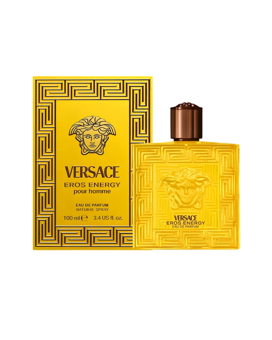 Perfume Versace Eros Energy de 100 ml con frasco amarillo brillante, relieve de Medusa y caja dorada con greca clásica.