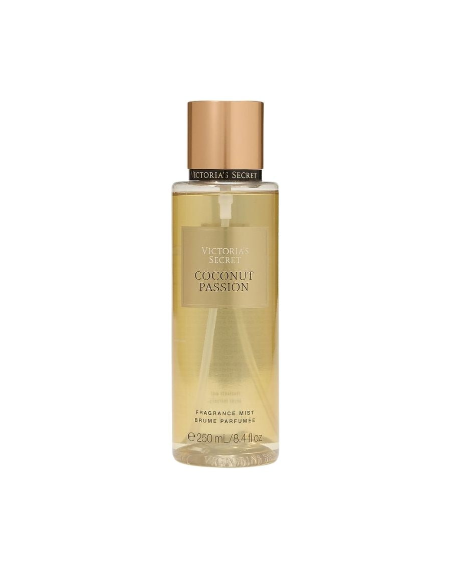 Body Mist Victoria's Secret Coconut Passion 250 ml en envase transparente con diseño minimalista y líquido color ámbar claro.