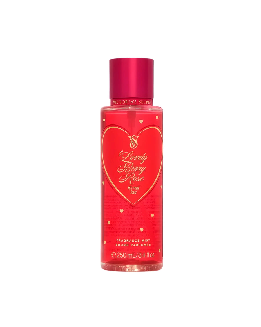 Body Mist Victoria's Secret Lovely Berry Rose 250 ml en envase rojo con corazones dorados y un corazón gigante con letra elegante.