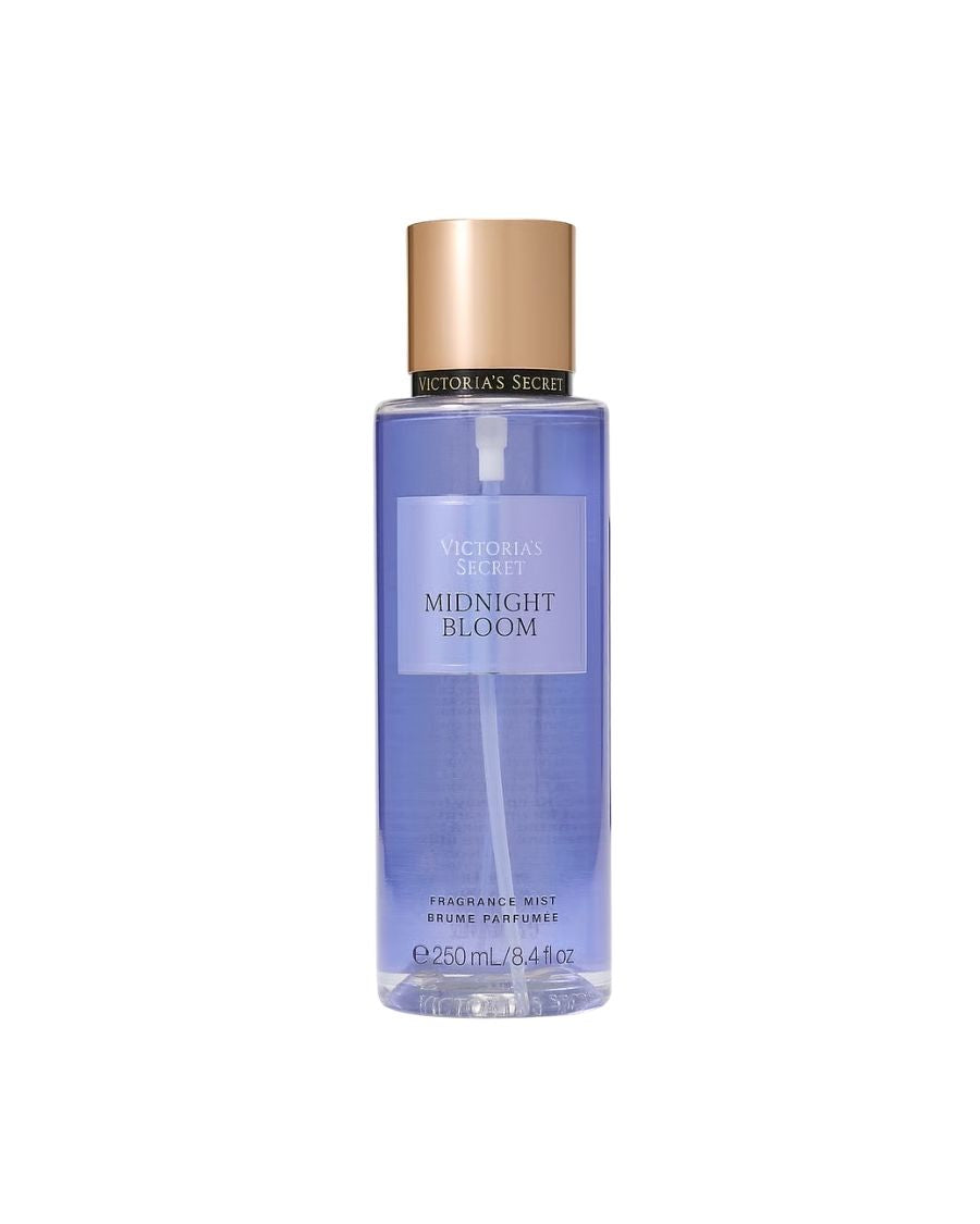 Body Mist Victoria's Secret Midnight Bloom 250 ml en envase cilíndrico lila suave con diseño minimalista y tapa dorada.
