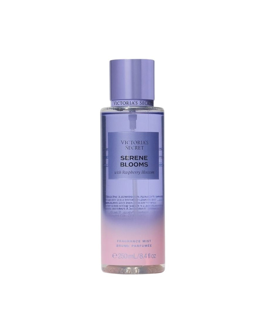 Body Mist Victoria's Secret Serene Blooms 250 ml en envase con diseño artístico degradado en tonos violeta y rosado.