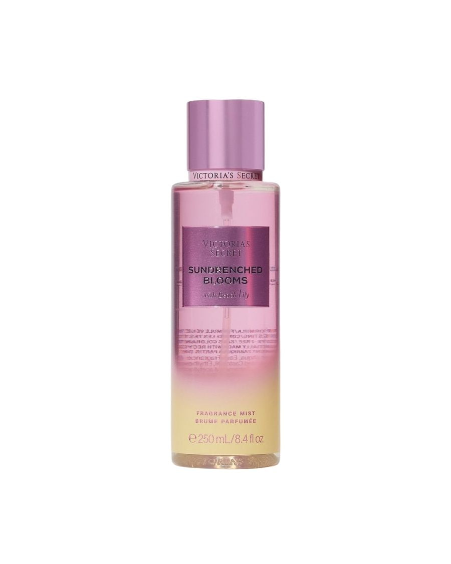 Body Mist Victoria's Secret Sundrenched Bloom 250 ml en envase cilíndrico con diseño degradado en tonos amarillos y morados.