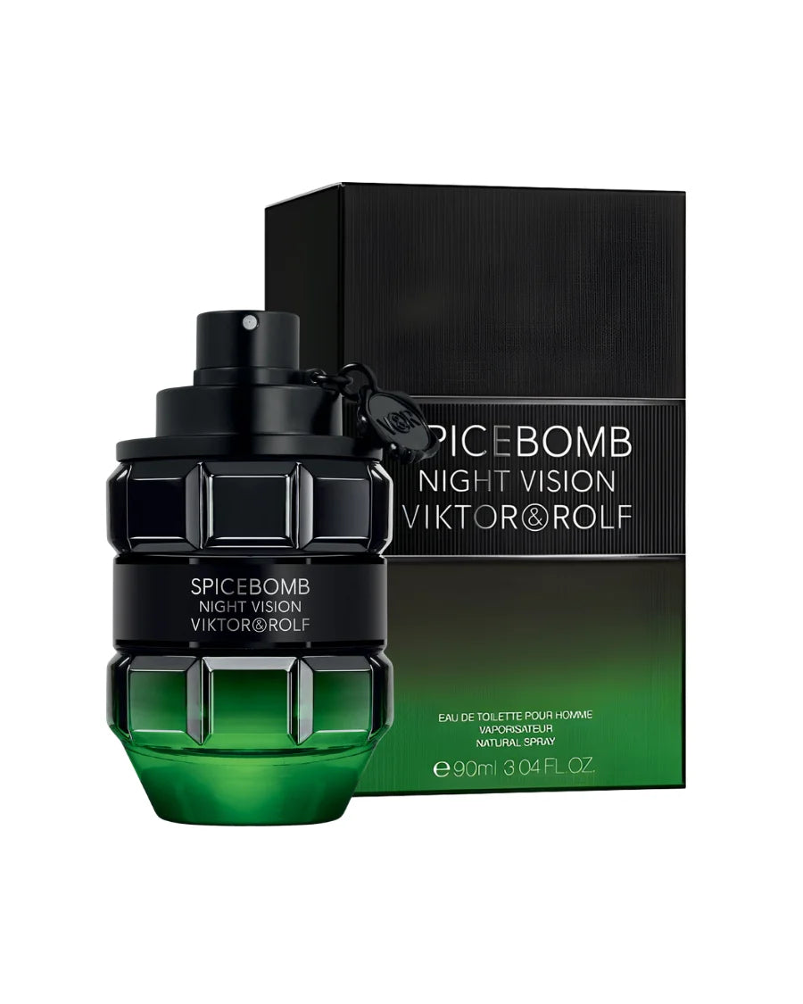 Perfume Spicebomb Night Vision de Viktor & Rolf con frasco en forma de granada negra y verde neón con caja a juego.